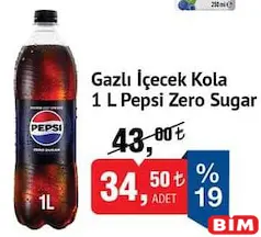 PEPSİ ZERO SUGAR GAZLI İÇECEK KOLA 1 L